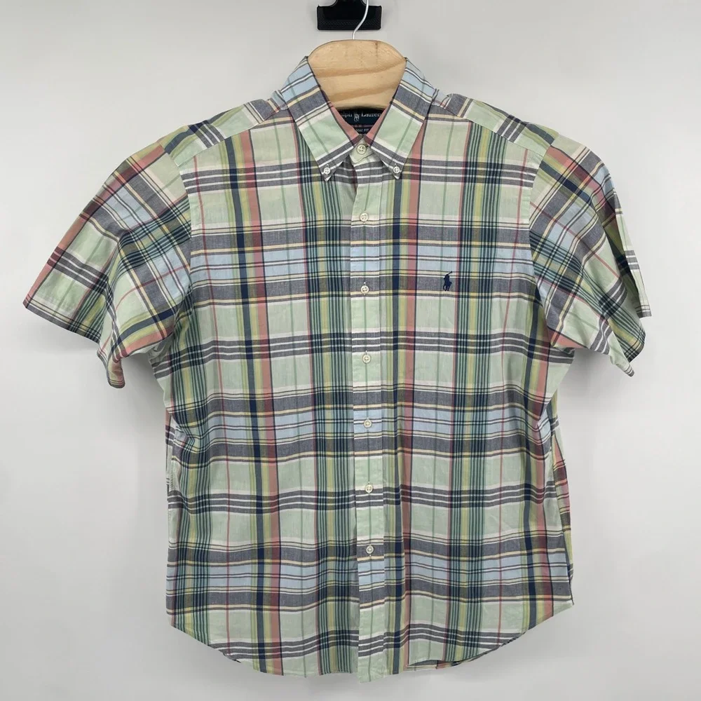 Ralph Lauren Button Down Shirt Mens L Green Plaid Short Sleeve Classic Fit Pony